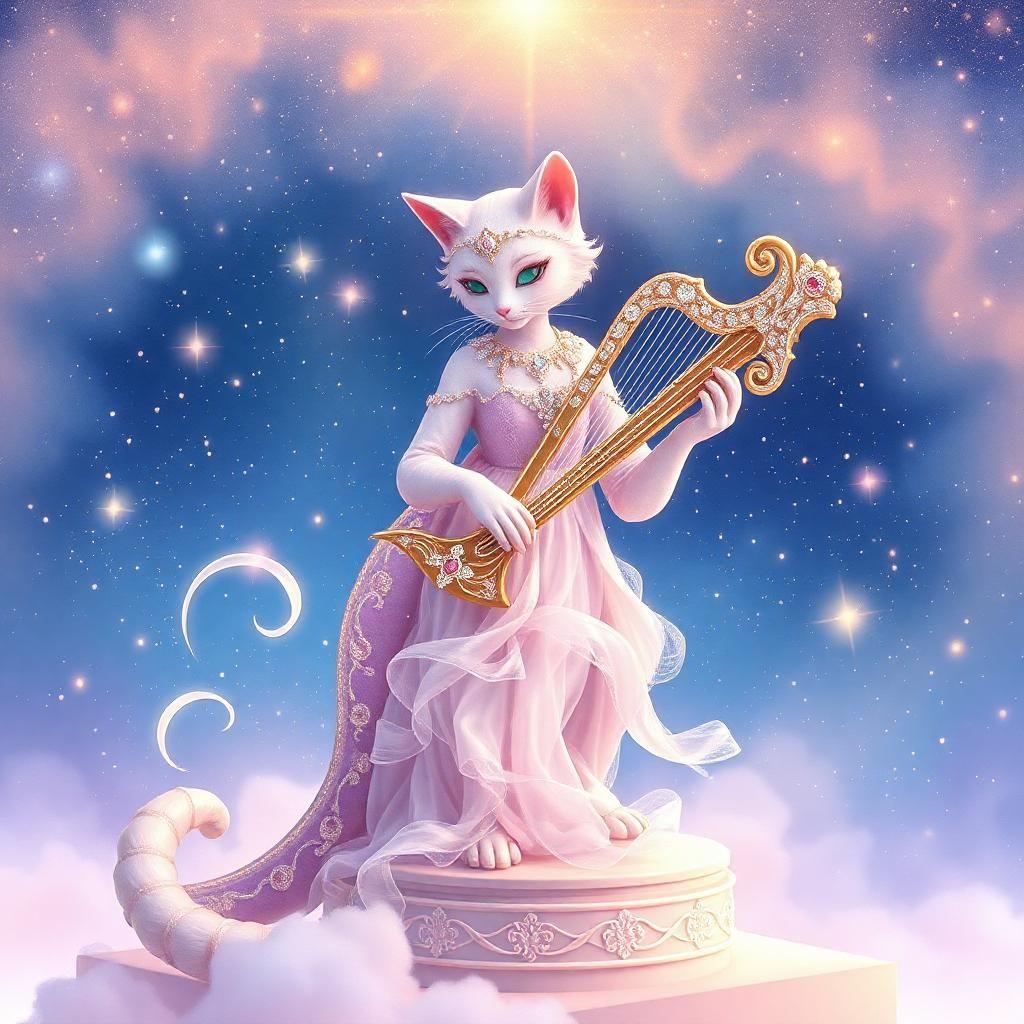 step into a breathtakingly serene dreamscape where the enchanting melodia performs on a bejeweled lyre, its strings adorned with diamonds, rubies, and sapphires in delicate, swirling pastel patterns of pale peach, lavender, and mint, as if infused with the softest hues of a sunset. each note sends delicate, shimmering waves through the air, unfolding into a soft, ethereal aurora of gentle blues, mauves, and rose hues that drift effortlessly across the starry canvas. a dreamy, watercolor-inspired mosaic of pastel lapis lazuli and soft pearl surrounds her, and her feline form glimmers with delicate opals and pale sunstone, as she stands atop a pedestal of creamy rose quartz, surrounded by a celestial sphere of gentle, glittering stardust. engulfed in a serene, dreamy aura of soft lavender and golden light, her bejeweled elegance radiates like a gentle cosmopolitan spirit, igniting a soft, shimmering symphony of lights that resonate across the galaxy in a peaceful, soothing melody.