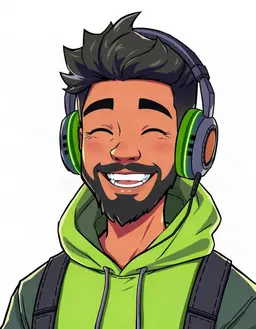 Change their expression to a big open happy smile, eyes bright and slightly closed with joy, while keeping the character, hair, outfit and framing identical.
