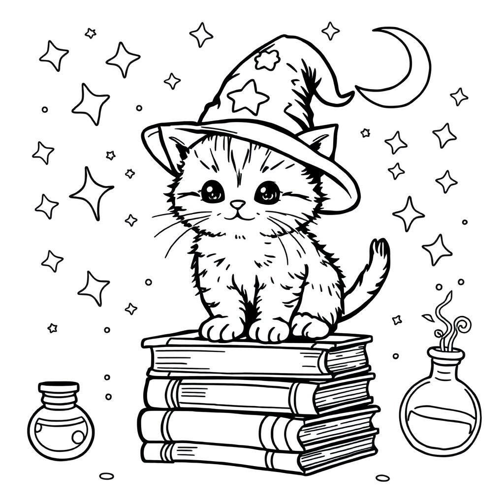 An adorable chubby kitten wearing a tiny wizard hat, standing on a stack of books with magical sparkles floating around. The background features whimsical elements like stars, a crescent moon, and potions. The line art is simple yet detailed, allowing room for creative coloring choices.