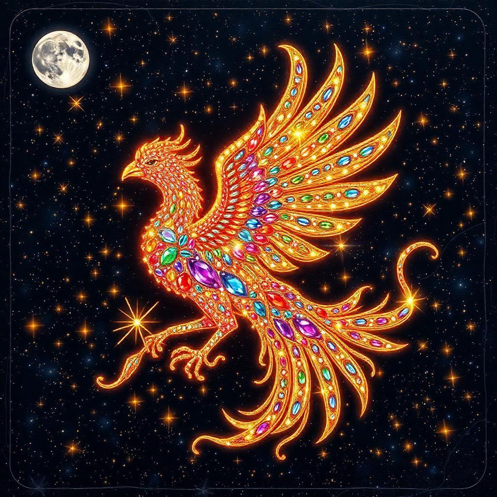 in a universe of infinite possibilities, behold a resplendent lunar phoenix, bejeweled and gem-like, soaring through a star-studded sky ablaze with diamonds and rubies. its feathers, a kaleidoscope of sapphires, emeralds, and amethysts, shimmer like a thousand moonlit rainbows, each plume a masterfully woven tapestry of glittering constellations, studded with fiery opals and glimmering moonstones. as it flies, the celestial creature leaves trails of iridescent stardust in its wake, painting the heavens with an otherworldly artistry, as if the very fabric of the universe was woven from threads of pure crystal and gold. the resplendent phoenix's majesty is now immortalized in a monumental hieroglyphic wall carving, its image and celestial essence etched in the polished granite surface, with intricate hieroglyphs and sacred symbols shimmering in dark lapis lazuli and gold, radiating an aura of eternal wonder and mystical awe, amidst a fantastical land of crystalline structures and gemstone-studded flora that shimmers in the moonlight.