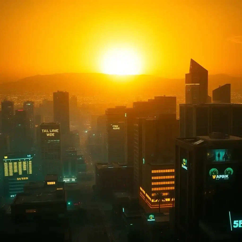 **ext. neo-los angeles cityscape - dawn**

camera pans up over the radiant, golden-hued dawn sky, ablaze with a billion blazing, solar flares that seem to burn with an unbridled ferocity. the air is electric with anticipation, as if the very city itself is holding its breath in anticipation of the sun's awakening.

**cut to:**

a sprawling cityscape of gleaming, crystalline skyscrapers that pierce the sky like shards of molten lava, erupting from the scorched earth like a cacophony of glass shrapnel. windows glow with an intense, solar radiance, broadcasting a symphony of holographic messages that dance like wisps of smoke, urging citizens to emerge into the day's promise. interwoven circuit boards, pulsating with a hypnotic glow, now highlight the labyrinthine infrastructure of the city's advanced technology.

on the streets, humans stride with calculated purpose, clad in luminous, solar-powered suits that shimmer with an ethereal intensity. they navigate the crowded sidewalks with a sense of purpose, fueled by an aura of frenetic anticipation and unbridled optimism.

as the camera cuts to a high-speed chase along a glimmering, ionized highway, high-speed, solar-powered cars zip through the dawn's golden light, leaving behind trails of gaseous particles that dissipate like wisps of cloud. augmented circuits embedded within the road now energize and harmonize the city's systems.

**cut to:**

a bustling rooftop restaurant, where robots efficiently prepare meals as guests sit beneath a canopy of blazing, solar sparks. the air is filled with the scent of sizzling meats and the hum of machinery. in the central core of the restaurant, a towering, holographic sundial hovers above the diners, its surface radiating an intense, golden warmth. underneath the sundial, a transparent glass floor, casting circuit boards' network patterns, in sync with city patterns flow.

suddenly, a series of burst solar flares illuminate the city, casting flickering shadows across the streets. the camera lingers on the awestruck faces of the diners as the city awakens to a new day.

**cut to:**

a close-up of a young woman's face, her eyes wide with wonder as she gazes out at the radiant cityscape. her hair is illuminated, as if kissed by the dawn's golden light. a delicate network of circuitry now tracing the curves of her skin, echoing the intricate patterns of the city's hardware.

**fades into a brilliant sun**
