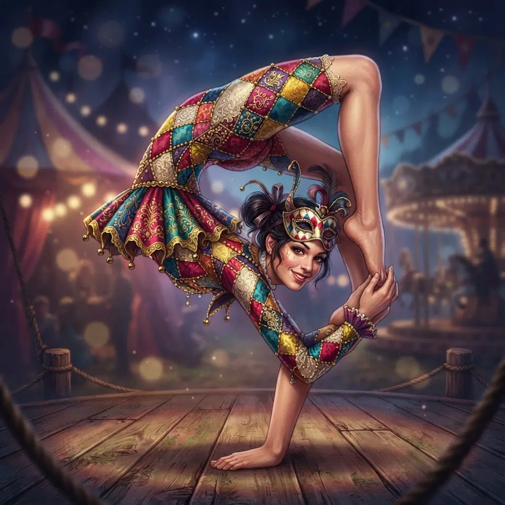 original character: a contortionist performer in a patchwork harlequin leotard bending impossibly, mask pushed up on her forehead, dark carnival storybook illustration, clean soft gradient studio background, vibrant, crisp high detail, digital illustration