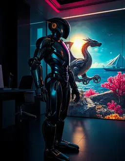 sleek metallic robot with polished chrome torso, articulated joints, led accents and visor stands in a dark modern office bathed in deep shadows, clean reflections and high‑contrast lighting, its tall silhouette dominant. behind it, a forward‑stretched stylized metallic dragon leans forward, wings unfurled in shadow, head thrust toward the foreground. in the same scene, a cyberpunk android muse with alabaster skin, violet eyes and silver circuitry veins appears in an abstract infinity room of shattered mirrors and silver cosmic dust, rendered with impressionistic brushwork and dramatic chiaroscuro. nearby, googie the futuristic humanoid robot drone glides beneath a sun‑filtered ocean, chrome‑black chassis and mud‑tire fins spinning over neon coral, while a romanian woman cyborg in glossy pink leggings bathes in a neon pink‑red glow, all blended with luminous fantasy art style of vibrant gold against deep blue, ethereal light and soft dreamlike atmosphere.