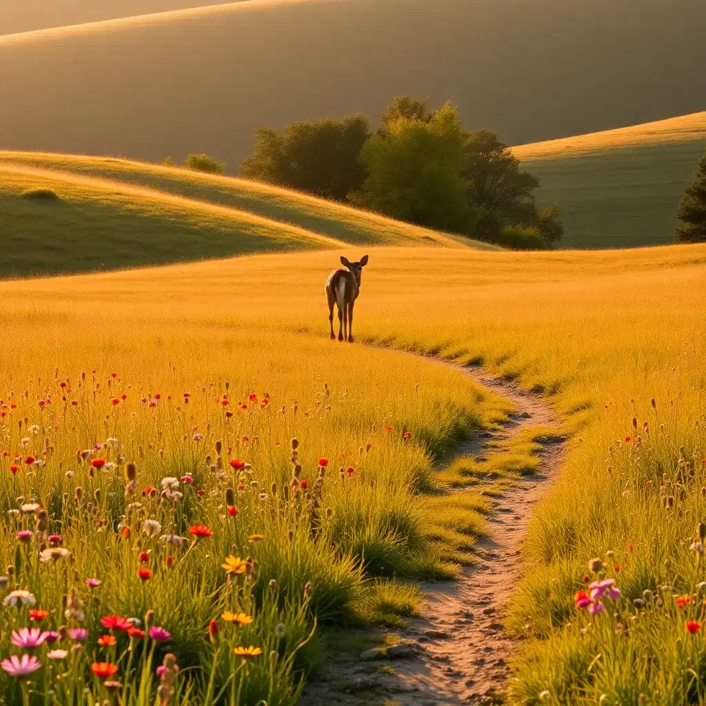 A tranquil meadow bathed in the golden glow of late afternoon light. Wildflowers of every color sway in the gentle breeze, and a narrow dirt path winds through the rolling hills. A lone deer stands at the edge of the trees, its ears twitching as it watches the horizon. The scene is peaceful, a perfect moment frozen in time, capturing the raw beauty of nature’s untouched splendor.