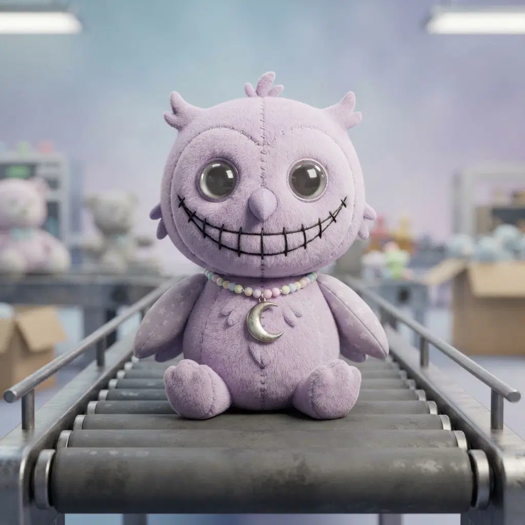 plush toy owl mascot character with a huge stitched grin and round glassy eyes, pastel lavender feathers, bead necklace with a moon charm, soft toy render, slightly creepy, toy factory conveyor belt backdrop