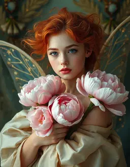 A young realistic wholesome beautiful angelic natural woman, pouty mouth, ruddy cheeks, in a vibrant, cosmic aura, her thick wild orange hair and luminous complexion, she is holding large bouquet of pink peonies , flower fairy set amidst a rich, layered textures, tones of teal and aqua golden hues blend in a dreamlike dance, with delicate, shimmering threads infused with glowing fairy dust, and an unfolding, iridescent silk gown that unfurls across her body in a fluid, organic silhouette