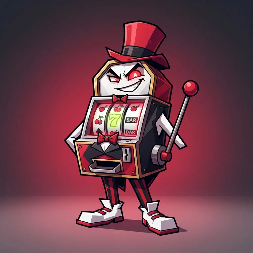 Sharp angular cartoon illustration, original sinner character, full body, short figure shaped like an old slot machine with a lever for an arm, red top hat, black vest, white shoes, one lime green accent on the glowing dials, bold red black and white palette, clean soft gradient studio background, vibrant, crisp