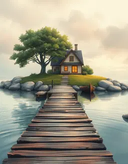 magic realism atmosphere with enigmatic nostalgic mood, rendered in a dreamy watercolor style with soft washes, granular textures, gentle luminosity, spontaneous strokes and atmospheric nuance, combined with the hyper‑realistic clarity of beauticize that makes every element breathtakingly beautiful, using a pastel dream palette of low‑saturation pinks, mint greens, sky blues, lavenders and peach tones blended with vibrant candy colors and thick outlines of an adventure time cartoon aesthetic, all meticulously detailed in the nuanced style of tom lovell. a soft sepia backdrop of wispy greys and dominant greys, sepia hues, misty blue accents, delicate textures and subtle shading evokes an ethereal, hauntingly beautiful otherworldly scene. in the foreground, an old wooden pier appears photo‑realistic, extending into calm water that ripples in concentric waves under an overcast sky; beyond the pier a tranquil cottage with a cream‑colored house, dark tiled roof, glowing yellow window, and a large leafy tree stands on a grassy island, while a small wooden boat rests by smooth rounded rocks, all rendered with bold outlines, exaggerated cartoon charm, and the airy, whimsical mood of the pastel dream palette.