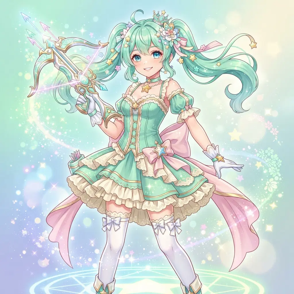 original character: a magical girl in a mint green corset dress with a giant ribbon bow and a crossbow, hopeful smile, bittersweet pastel magical girl anime illustration, clean soft gradient studio background, vibrant, crisp high detail, digital illustration