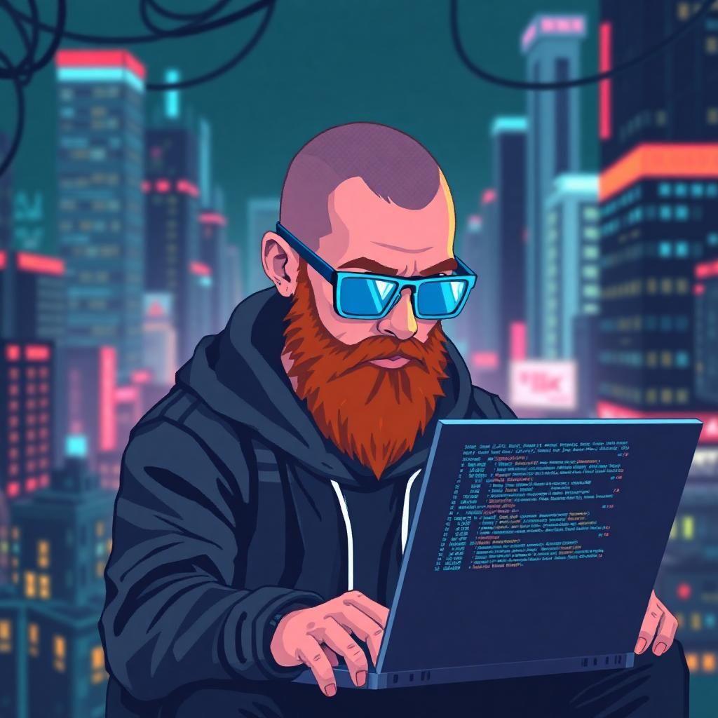 "vibrant cyberpunk hacker in an ultra-pixelated art style:
- extreme low-res pixelated body with visible edges: think 8-bit meets 16-bit graphics.
- shaved head pixelated as a 4x4 grid of tiny squares, with a thick black outline.
- bright blue glasses pixelated as 2x2 squares with tiny white pixels for a retro look.
- ginger beard pixelated as 8x8 grid of warm pixels, looking 3d yet flat.
- cyberpunk background transformed into a 32x32 tile-based environment with distinct squares forming cityscapes.
- neon-lit skyscrapers and blurry wires meet an ultra-pixelated visual space where only 8 colors rule.
- the hacker sits amidst this digital chaos, focusing intently on the pixelated laptop screen displaying code and distorted imagery.
- the overall atmosphere is tense and nostalgic, evoking memories of the original pixel art."