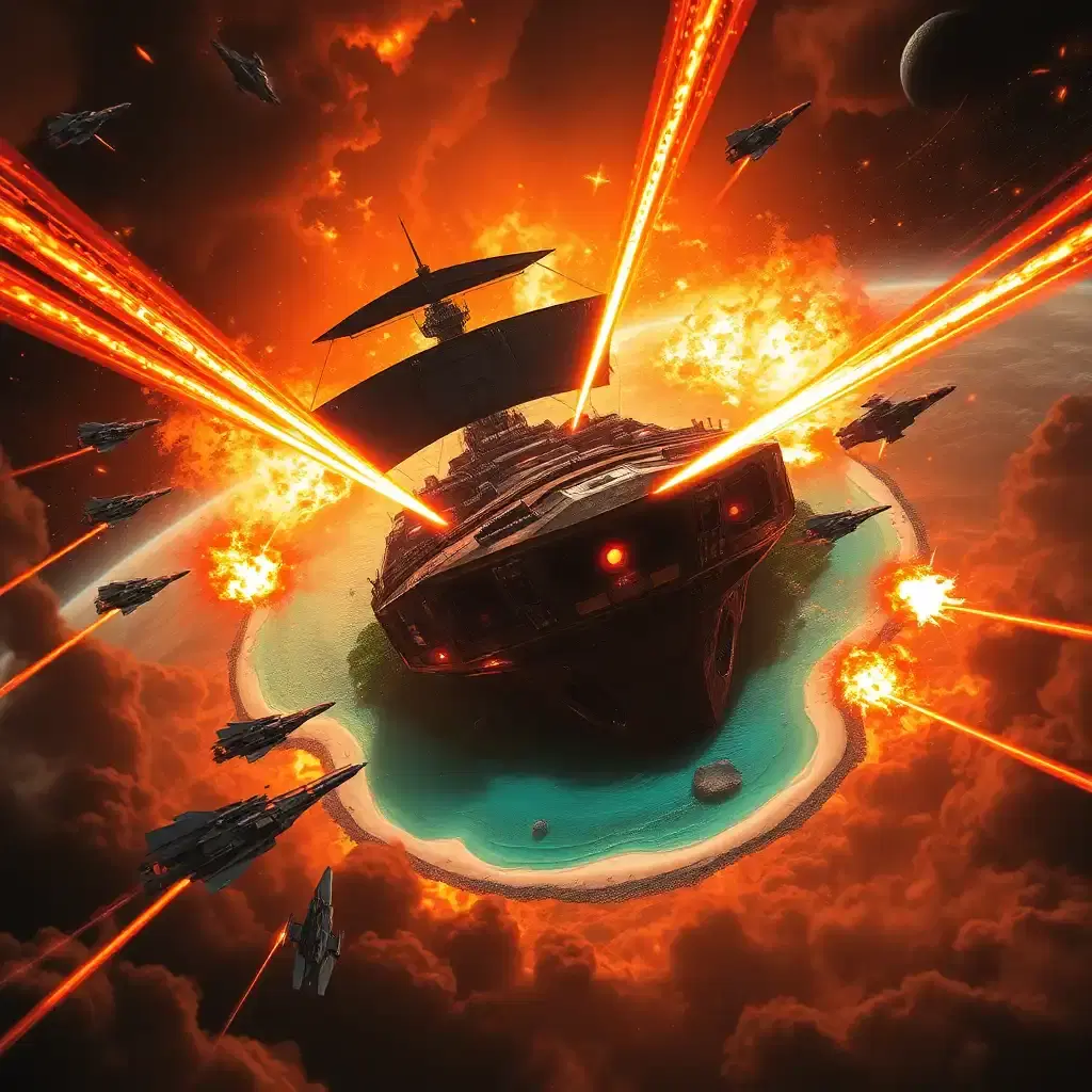 inferno engulfs the cosmos as a battle-hardened space pirate ship, "maelstrom's fury," clashes with a squadron of high-tech military vessels hovering above a tranquil floating island that has somehow been incongruously transported amidst the chaos, its tranquil beaches a stark contrast to the raging battlescape. incandescent laser beams slash through space like scimitars, reducing the pirate ship's shields to smoldering embers. its hull blazes with fierce energy shields, as cannons on both sides unleash a maelstrom of flames and shrapnel.