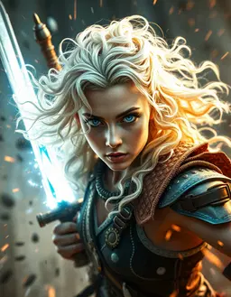 blonde warrior princess with white curly hair and clear blue eyes, chaotic energy, sharp fragmented lighting, clashing kinetic colors, fast unpredictable rhythm, wild creation in motion, dynamic composition, vivid contrast, crisp lineart