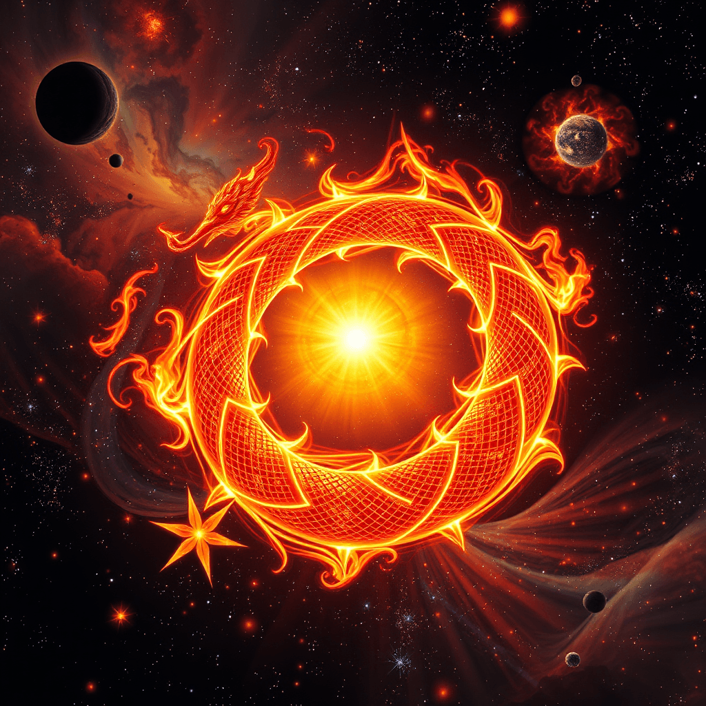 Amidst the kaleidoscopic expanse of a forgotten nebula, a mythical solar serpent coils in on itself in an elaborate dance of fire and elegance. Its scales glimmer with cosmic iridescence, casting kaleidoscope reflections that ripple across the vastness of space. As it spirals through the heavens, it weaves a rich tapestry of conflagrant hues, uniting the sacred warmth of the sun with the ancient mystery of the stars.