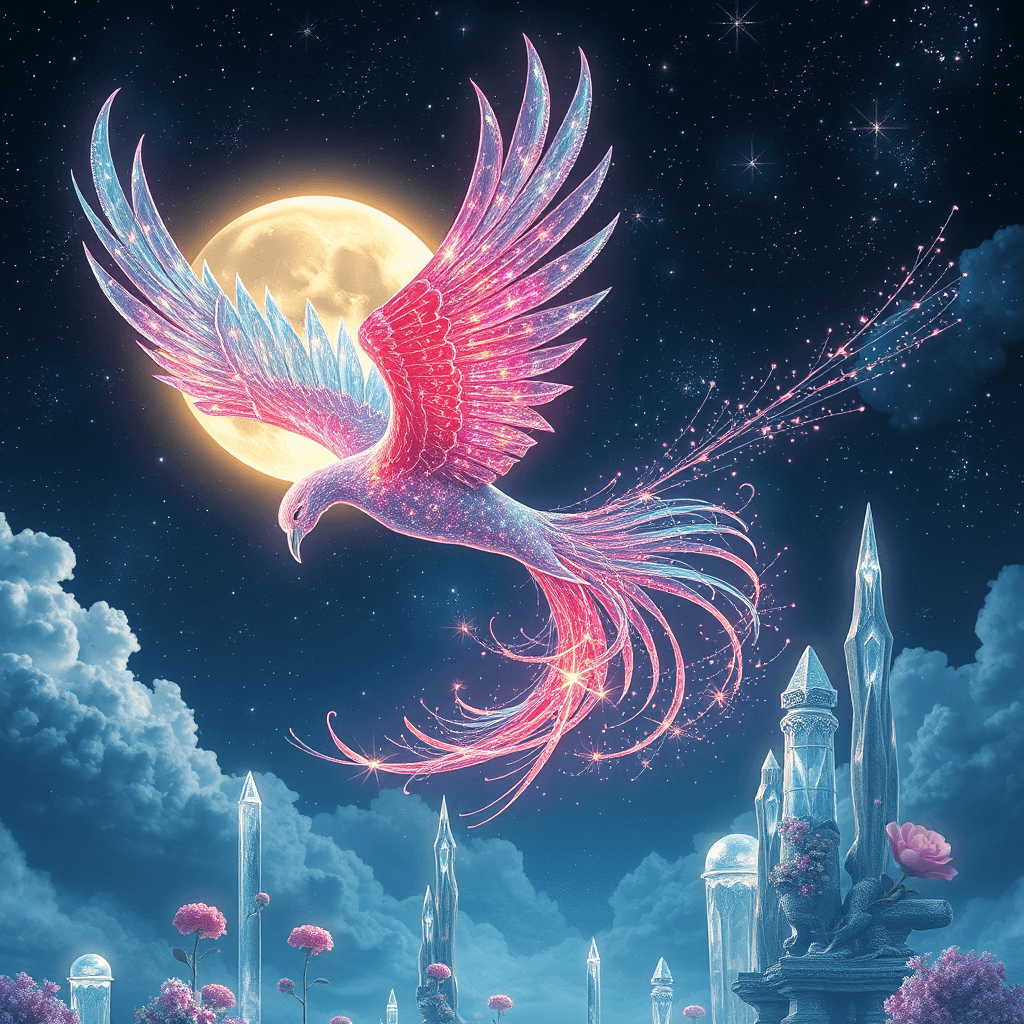 In a universe of infinite possibilities, behold a majestic lunar phoenix soaring through the star-strewn sky. Its iridescent feathers glitter like moonlit rainbows, each plume a tapestry of constellations. As it flies, the celestial creature leaves trails of ethereal stardust in its wake, painting the heavens with luminescent artistry. Beneath its flight path, a whimsical land of fantastical flora and towering crystalline sculptures catches the light, shimmering in the nocturnal glow.