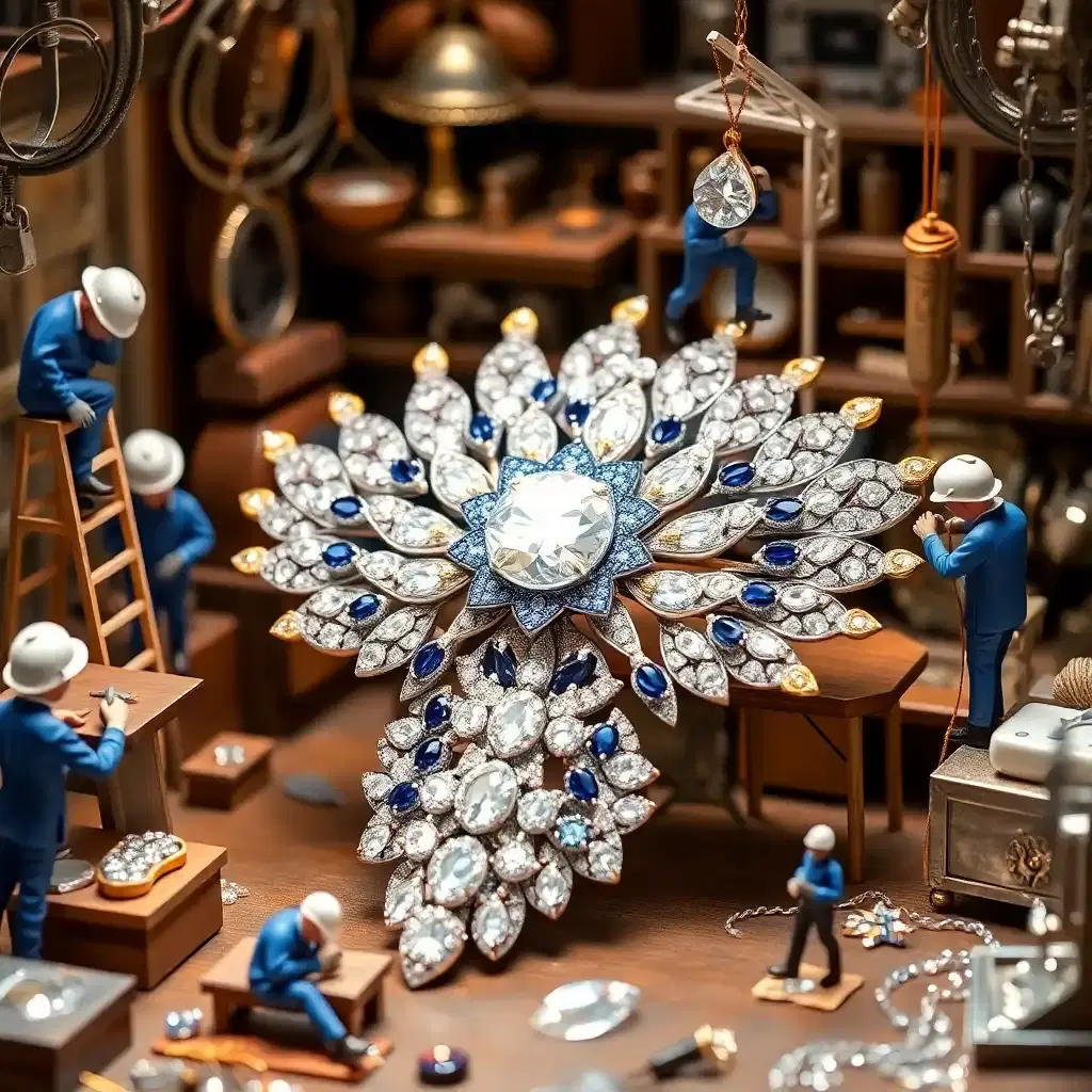 A striking oversized ((diamond brooch)), ((shaped like a diamond anklet, takes center stage in an intricate miniature jewelry studio.)) Tiny artisans bring the piece to life—one polishes a sapphire-encrusted diamond anklet, while another meticulously engraves intricate feather-like details into the platinum frame. ((A jeweler welds golden antennae into place, while a tiny crane carefully positions a central diamond, ensuring a perfect balance.)) The brooch shimmers under expertly directed lighting, its brilliance enhanced by the rich textures. ((Light dances off each stone, making the masterpiece glow.)) Skilled artisans in blue uniforms and white helmets bring it to life—polishing, engraving, welding, and guiding diamonds into place. ((A worker climbs a ladder to enhance its brilliance, while another hangs from a rope,)) engraving delicate details. ((A tiny crane lifts a dazzling diamond centerpiece)) into place, adding to the bracelet’s ethereal glow.)) The "((HP-Studio))" logo subtly adorns the background, blending seamlessly with the luxury storytelling.