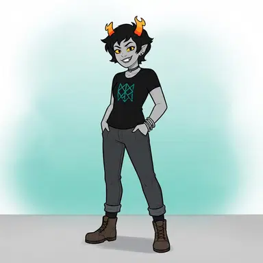 Original fantroll character, gray skin, candy-corn horns, teal rune symbol shirt, bold flat webcomic style