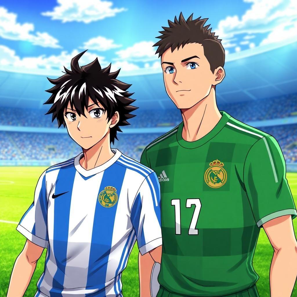 Isagi Yoichi from the anime blue Lock with cristiano ronaldo next to him on a football pitch