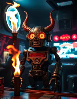 Robot Pavement weird devil in a bar fire for eyes pitchporks for hands jukebox