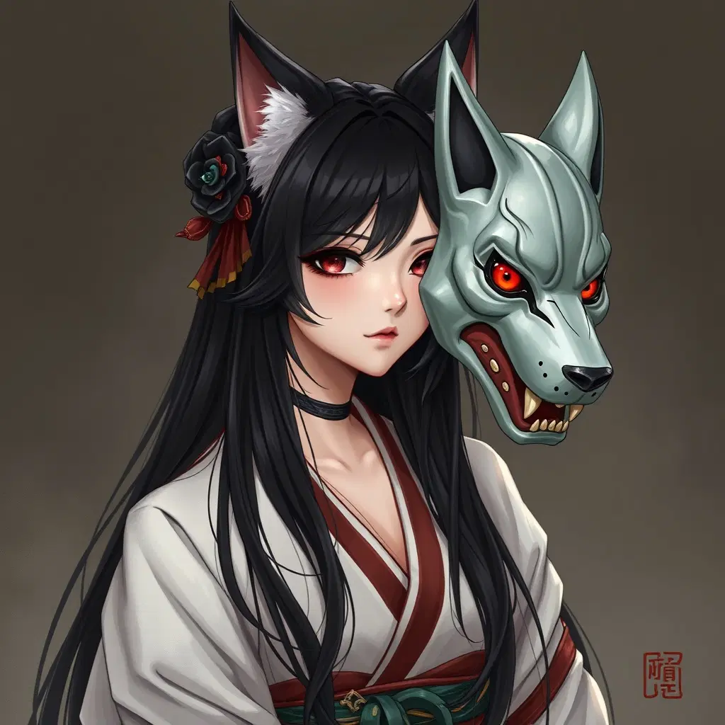Female, realistic art, Japanese yokai, long black hair, kitsune mask