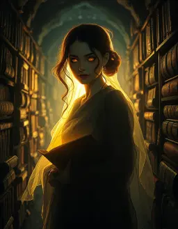 create a dungeon crawler carl character as a ghost whimsical librarian women, illuminated by a cinematic lens flare that highlights her spectral form and the stacks of enchanted books around her. the flare casts a warm, golden rim on her translucent silhouette, creating a dramatic, dreamlike atmosphere in the dim corridor. her ethereal eyes glint with ancient knowledge, while the flickering glow dances across the spines of floating tomes, adding depth and cinematic flair. the scene feels both haunting and inviting, showcasing a unique blend of ghostly charm and library mystique.