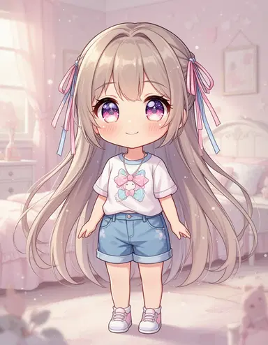 cute manga girl, adorable beautiful anime girl, big sparkling eyes, soft blush cheeks, gentle smile, long flowing hair with ribbons, chibi-cute proportions, wearing casual cute outfit, standing in soft pastel bedroom, masterpiece, best quality, anime style, kawaii, high detail, vibrant colors"