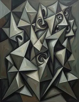 cubist rendition of nematic structures, rendered with picasso technique, featuring fragmented geometric planes and interlocking facets that dominate the composition. the forms are twisted and unsettling, expressed in muted tones and subtle shadowy gradients, creating a haunting atmosphere through distorted, distorted textures and eerie, distorted realism.