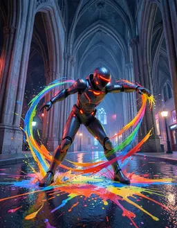 spuma android on a bioluminescent street beside reflective water, beneath towering gothic revival arches, captured in a low‑angle wide shot as the android flings vivid paint arcs in a performance painting style, bold splatters and dragged smears marking the floor‑level canvas, kinetic gesture emphasized.