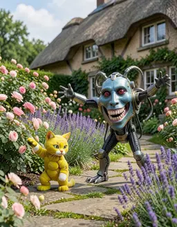 RoboMonster throws both arms out wide, mid‑stride, captured from eye‑level three‑quarter view, standing in an English cottage garden with blooming roses, lavender hedges, a stone path and a thatched cottage backdrop. Meanwhile, Tennis Ball Cat‑fa stands on the stone path to the left, crouching low with one paw reaching toward a rose bush, eyes focused on the garden, sharing the same eye‑level three‑quarter perspective.