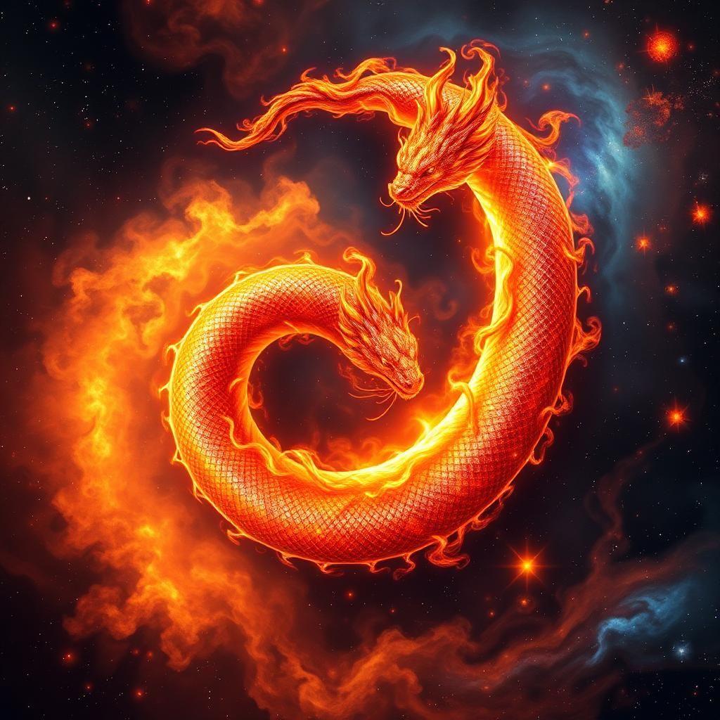 Amidst the kaleidoscopic expanse of a forgotten nebula, a mythical solar serpent coils in on itself in an elaborate dance of fire and elegance. Its scales glimmer with cosmic iridescence, casting kaleidoscope reflections that ripple across the vastness of space. As it spirals through the heavens, it weaves a rich tapestry of conflagrant hues, uniting the sacred warmth of the sun with the ancient mystery of the stars.