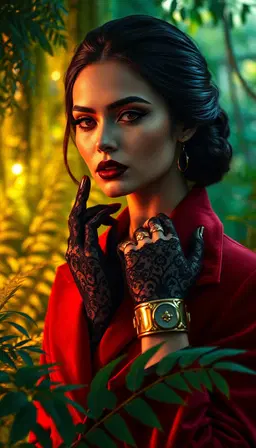 stained glass luxury beauty portrait using the uploaded image as an exact facial reference, strict face lock, sleek dark low bun, winged eyeliner, deep burgundy lips, black floral lace gloves, gold rings and chunky gold bracelet, red velvet coat with a structured silhouette, standing pose, set in a vibrant emerald jungle with towering ferns, dappled sunlight filtering through a mossy canopy and a subtle green glow, warm golden‑hour lighting and gentle ambient glow reflecting off the surroundings, elegant peaceful atmosphere as background, cinematic soft rim lighting, cinematic depth of field, 85mm lens close‑up, shallow depth of field, realistic skin texture, high‑end fashion editorial