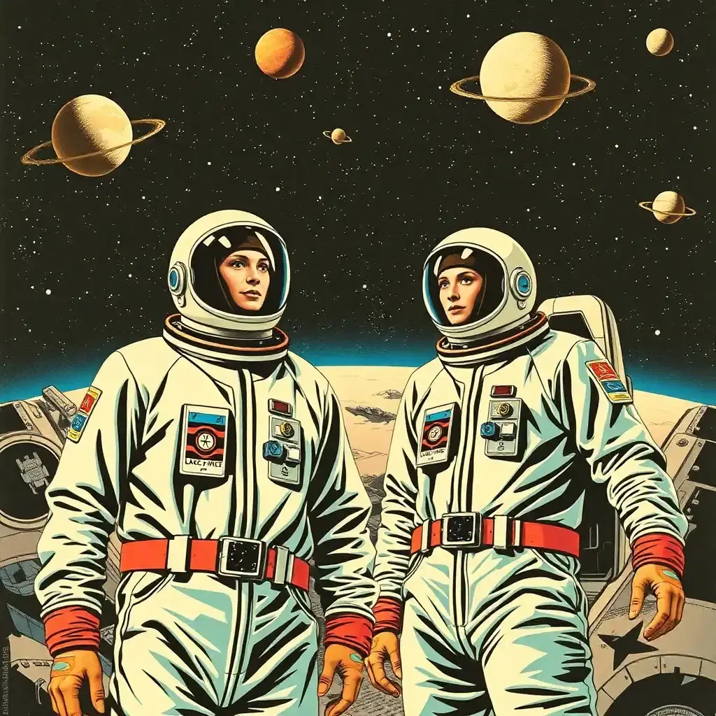 Craft a retro-futuristic collage where the vintage aesthetic meets the limitless cosmos. Picture human figures drawn in pop art style, clad in retro space suits, their actions frozen like pages in a comic book coming to life, evoking a sense of nostalgia for a future that might have been.