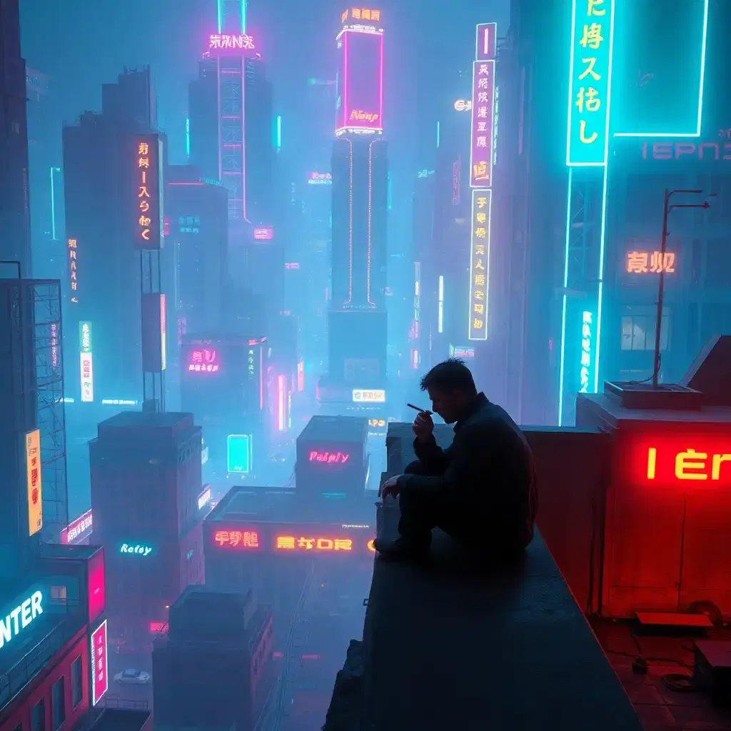 a cyberpunk city, a bleak, sad man sitting on the edge of a rooftop surrounded by a maze of intensely vibrant, a sea of even more dazzling neon that seems to pulse with every fading breath of the smoldering cigarette.