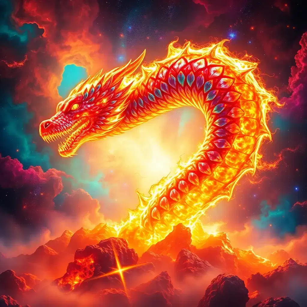 within a kaleidoscopic backdrop of blazing crimson, electric blue, and sunshine yellow, a colossal, fiery solar serpent erupts from depths of a ravaged, rainbow-hued nebula, its body a furious blur of flames, molten steel, and iridescent mist. its scales blaze like supernovas, shattering the cosmos with intense heat, light, and a mesmerizing display of pastel pink, lavender, and mint green hues, casting fractured reflections that ripple through the inferno like waves on a burning sea of turquoise, aquamarine, and sapphire. as it unfurls, a maelstrom of blazing colors unfolds - burning embers of scarlet, amber, and golden orange, searing plumes of fire that dance with emerald, sapphire, and amethyst, and scorching aurora lights that shimmer with rose, fuchsia, and sunshine yellow - forging an apocalyptic tapestry that unites the primal fury of ignition with the ravaged beauty of destruction. the very fabric of space is consumed by its blazing spectacle, igniting a cataclysmic crescendo that ravages the soul with a kaleidoscope of colors that never end: cobalt blue, crimson red, sunshine yellow, emerald green, and violet, all swirling together in a mesmerizing dance of light and sound.