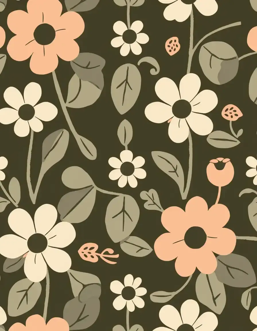 Seamless Scandinavian folk floral pattern with thick bold outlines, large stylized flowers, rounded petals, chunky leaves, flat matte colors, traditional Nordic folk art style, repeatable tile.”