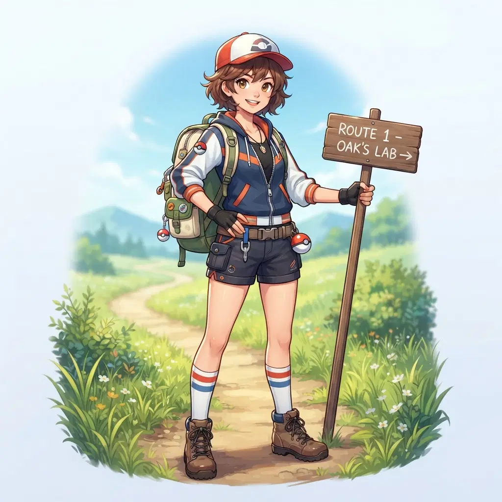 anime girl trainer with a red cap, short brown hair, sporty jacket and shorts, fingerless gloves, backpack, a small round ball clipped on her belt, standing alone on a bright grassy route with a wooden signpost, no creatures, full body