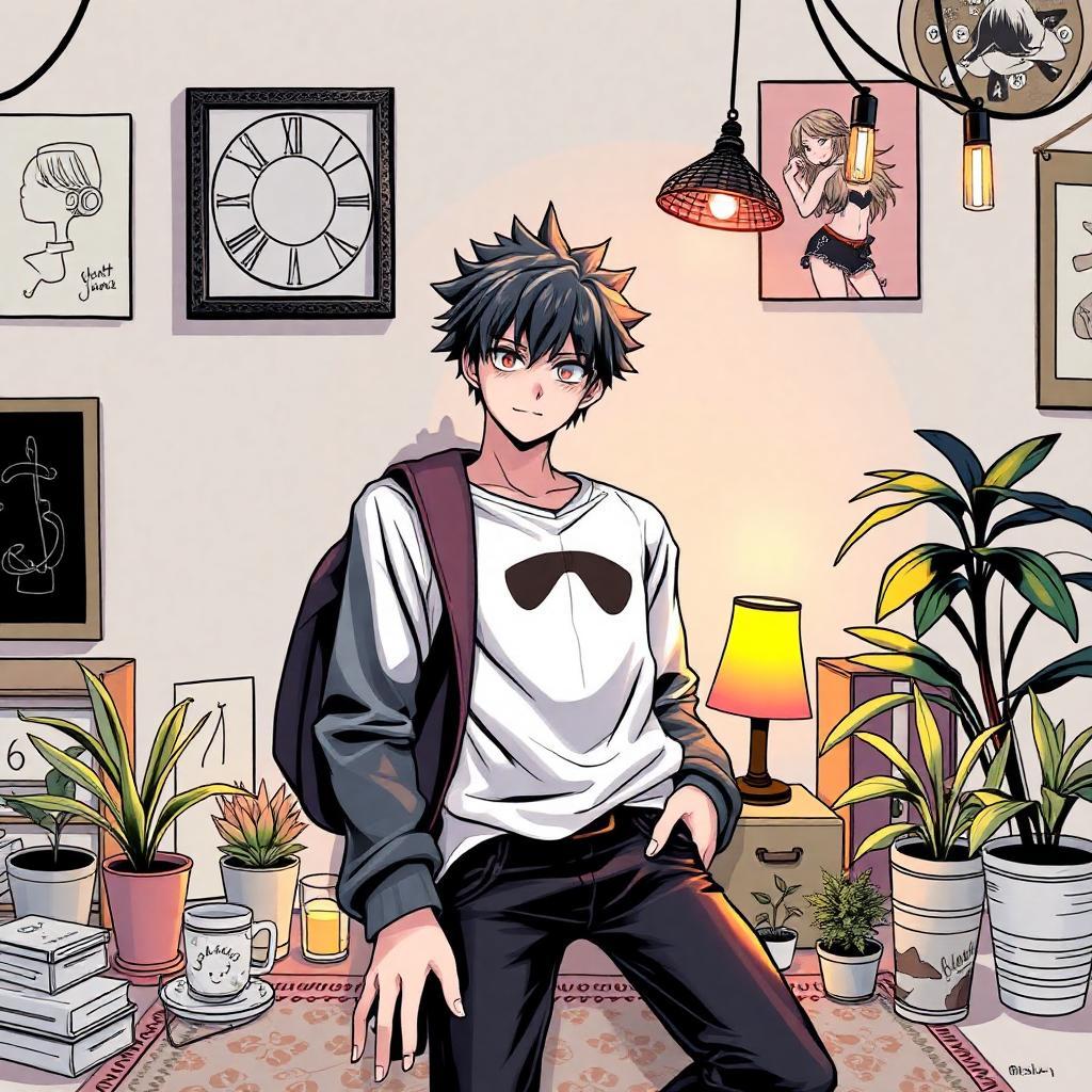 personne style manga avec des décors autour qui jou
