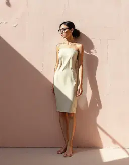 female subject wearing thin glasses only, full body, barefoot, sgraffito mural on early photographic paper, incised ink‑like lines, rough‑edged carved strokes, subtle impasto texture, satin sheen, high‑contrast directional light casting elongated abstract shadows, high horizon pushing the line into the upper tenth of the frame, expansive foreground texture, blush pink, champagne, soft ivory palette with faint gold shimmer, delicate blush pink, champagne, soft ivory, faint gold shimmer.