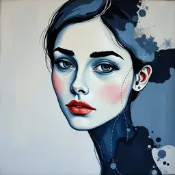 modern abstract painting of a very pretty woman, kandinsky art style, with a tactile felt embroidery layer over the abstract, soft wool texture, muted blue accents, subtle shadowing, icy blue muted palette, cool pastel tones, subtle gradient wash