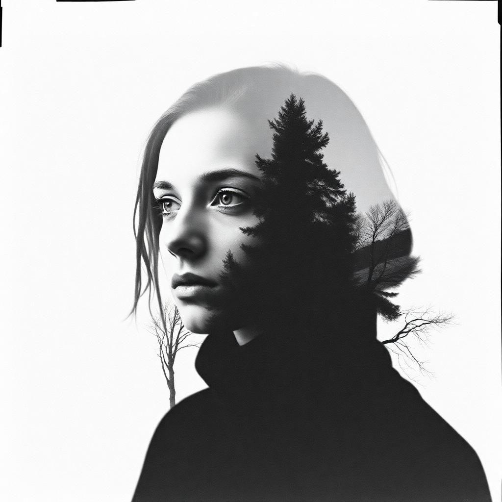 "Create a high-contrast black and white conceptual photograph with a surreal artistic effect. The image should blend a human portrait with elements of nature, such as trees or landscapes, using a double exposure technique. The mood should be mysterious and introspective, evoking deep thought and emotional depth. The texture should have a fine grain, giving it a cinematic, vintage feel. The composition should be minimalist, with negative space enhancing the subject’s presence and emphasizing the artistic fusion between human and nature."