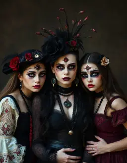 dark fantasy horror goth gypsy family, gypsy outfits, hair and makeup done, portraits