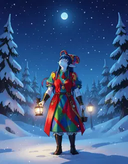 Voidshimmer Jester. Deep snow at night, lantern light in the blue dark. Voidshimmer Jester is looking up at something high above. A single whole figure, face in view, clear of everything else in the frame.