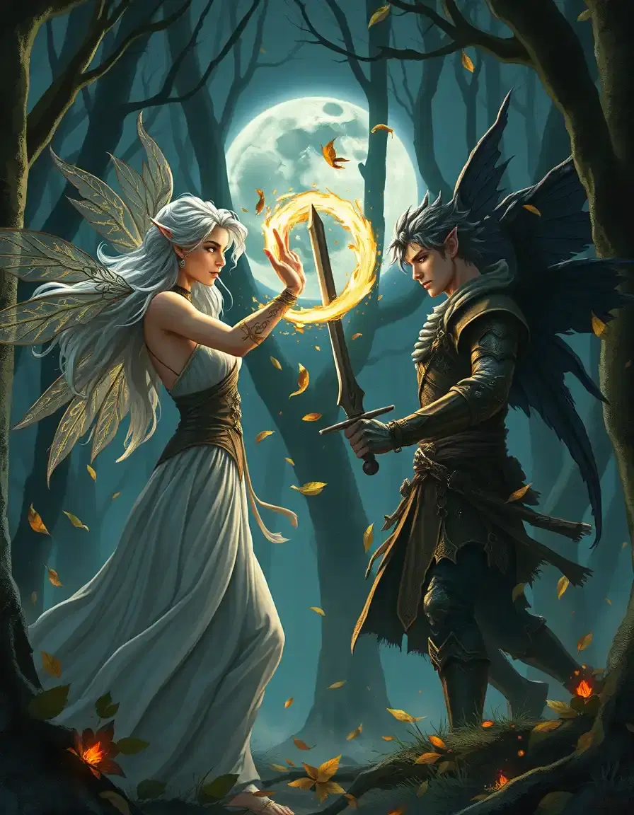 A realistic human hand-drawn, clean digital fantasy character art illustration of two fae locked in a tense magical duel inside an ancient moonlit forest. One fae, a silver-haired sorceress with glowing runes along her arms, raises her hand to summon a swirl of golden light that bends the air around her. Opposite her stands a dark-winged fae warrior, his expression sharp yet conflicted, sword drawn and eyes glowing faintly. Leaves and embers swirl between them as their magic collides, casting flickering light across the trees. The scene feels cinematic and alive — emotional tension, power, and movement captured in painterly detail. The art style is semi-realistic with expressive faces, clean digital rendering, and a textured, hand-drawn finish — like a fantasy novel moment frozen in time.