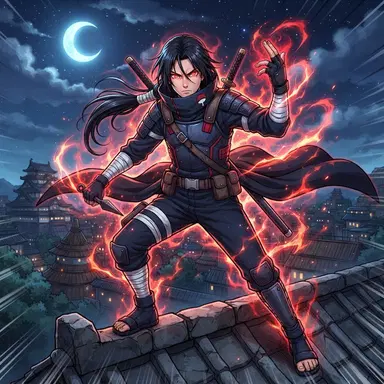 original Naruto style ninja, young man with dark ponytail, glowing crimson dojutsu eyes, fan crest motif, red chakra aura, digital illustration