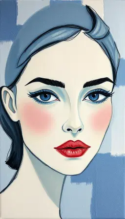 modern abstract painting of a very pretty woman, kandinsky art style, with a tactile felt embroidery layer over the abstract, soft wool texture, muted blue accents, subtle shadowing, icy blue muted palette, cool pastel tones, subtle gradient wash