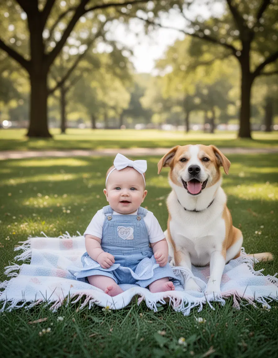 Baby photo set in the parkwith dogbaby and dog