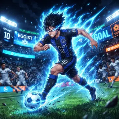Intense anime soccer striker with spiky dark hair and glowing electric blue aura, sharp ego-driven eyes, dramatic night stadium, dynamic wallpaper composition, vibrant neon blue lighting, crisp high detail, digital illustration