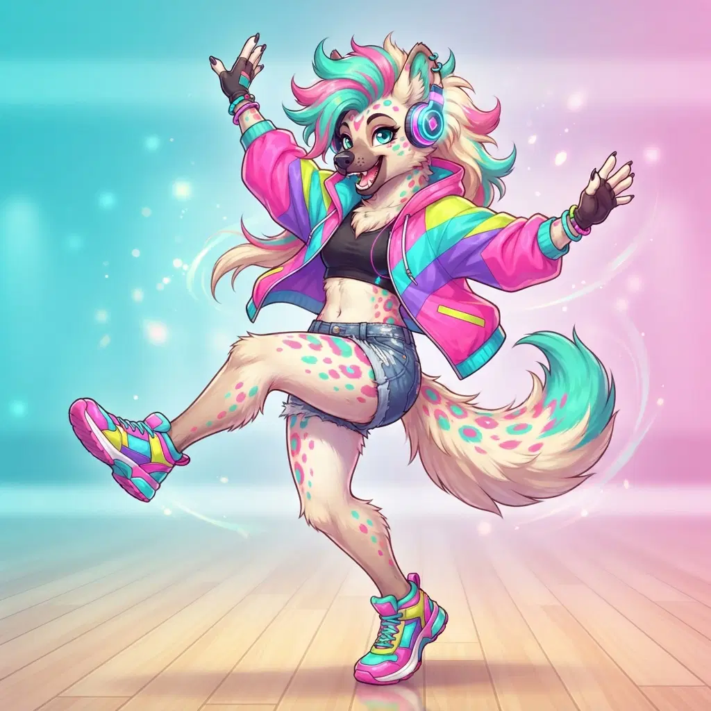 anthro hyena fursona character, full body, energetic dance pose, cream fur with pink and teal spots, fluffy mane, wearing a neon windbreaker and headphones, bright palette, clean soft gradient studio background, vibrant, crisp high detail, digital illustration