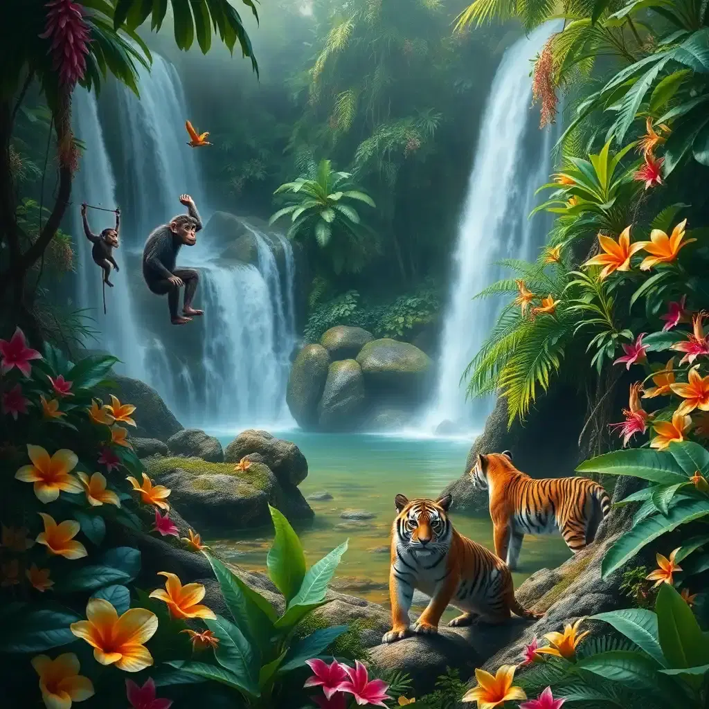 A hidden tropical paradise, where waterfalls cascade into natural pools surrounded by dense jungle. Exotic flowers bloom in every direction, their petals rich with vibrant hues. A family of playful monkeys swings from the vines while a lone tiger watches from the shade, its amber eyes gleaming. The air is thick with the songs of unseen creatures, and the entire scene feels like a glimpse into a lost Eden.