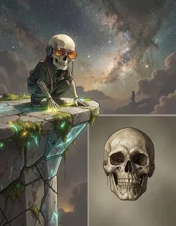 In the midst of the empyrean gallery's immense, cosmic expanse, a solitary structure stands as a monolith amidst the shifting nebular clouds. The only stable presence is an ancient, crystalline “balcony,” worn smooth by the ceaseless flow of starlight and the gentle touch of the noctari and astrael as they weave the threads of dreams. Bioluminescent moss glows softly in the cracks of the balcony's stone, pulsing with the rhythm of a distant, sleeping world. Skully crouches at the edge of the balcony, fingertips just brushing the glowing moss, eyes fixed on the vast nebular horizon, a faint silhouette against the star‑lit background. Meanwhile, a close‑up shot frames the skeletal face of a being long past its prime, suspended in a sea of neutral, featureless space. The light, filtered through an unseen source, casts subtle shadows across the bones, accentuating the sunken eye sockets and the missing nose, while highlighting the prominent teeth that glint with a faint, macabre sheen. The skin is weathered, textured, and worn, its dry, brittle quality a testament to the being's slow descent into nothingness. The overall aesthetic is one of muted, earthy tones – beige, brown, and off‑white – evoking age and desolation. In this eerie, haunting scene, the bones stand as a defiant, fossilized snapshot of life, frozen in a moment of eternal decay, amidst the vibrant, shimmering tapestry of the empyrean gallery's dreams.