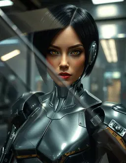 humanoid robot female, a powerful rodmbot of comic‑universe metals, in a polished metal laboratory, deep layered view with sharp midground subject, diagonal foreground shapes partially obscuring her, overlapping silhouettes and receding metallic background, wide‑aperture separation creating strong parallax, atmospheric depth cues emphasize interior‑exterior ambiguity, glowing eyes and jet‑black hair reflected in gleaming glass surface.